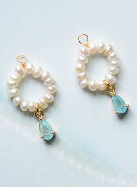 SZ72 珍珠与海 绕线小淡水珍珠 蓝色冰花锆石 DIY手工编织吊坠1个