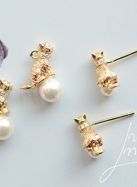 V780 微镶锆石小猫贝壳珍珠 吊坠耳钉 18K包金镀金DIY手工配件