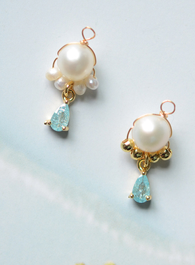 SZ145 法式风 珍珠与海 绕线淡水珍珠蓝色冰花锆石 DIY手工吊坠