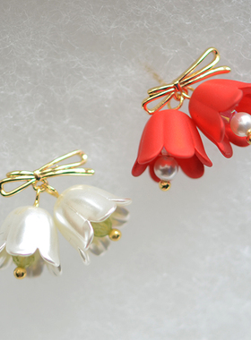 Red14 圣诞新年红特集 红色和白色铃儿 手工耳钉DIY耳饰成品 1对