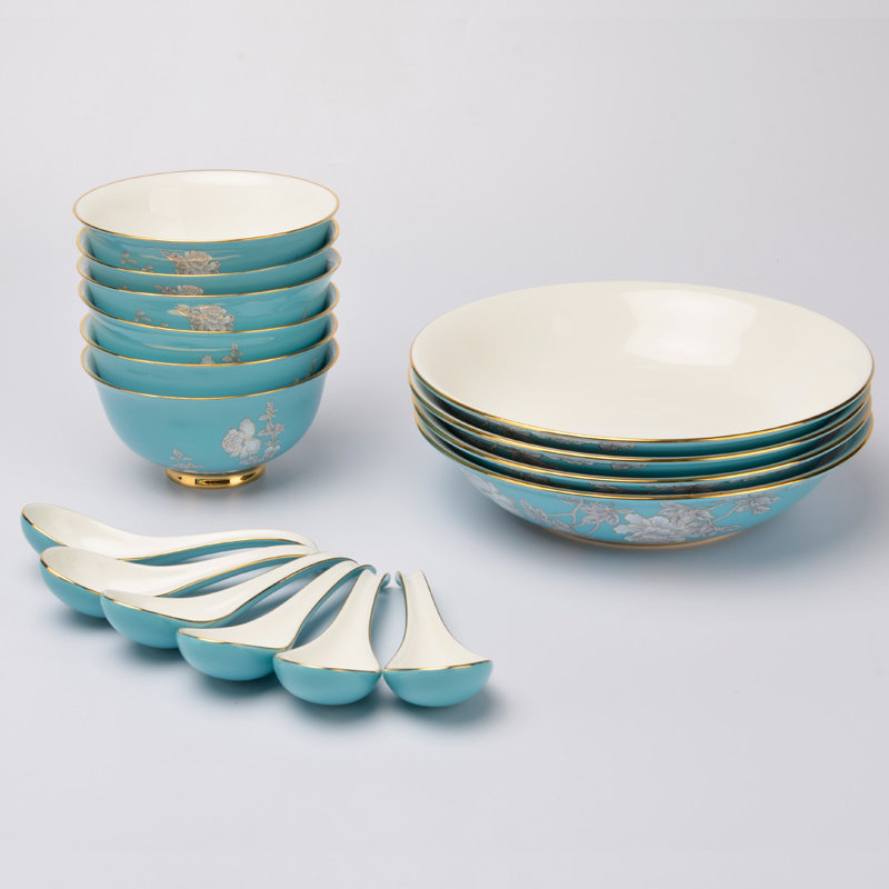 夫人瓷水墨牡丹国瓷永丰瓷正品16头陶瓷中餐具套装6人碗盘勺套装,餐饮具,餐具瓷器套装,淘宝优惠券,粉丝福利购,淘宝优惠卷