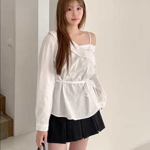 2026靓丽春装 女装 大码 特9 翻V领时尚 露肩淑女系带衬衫 新款 韩国代购