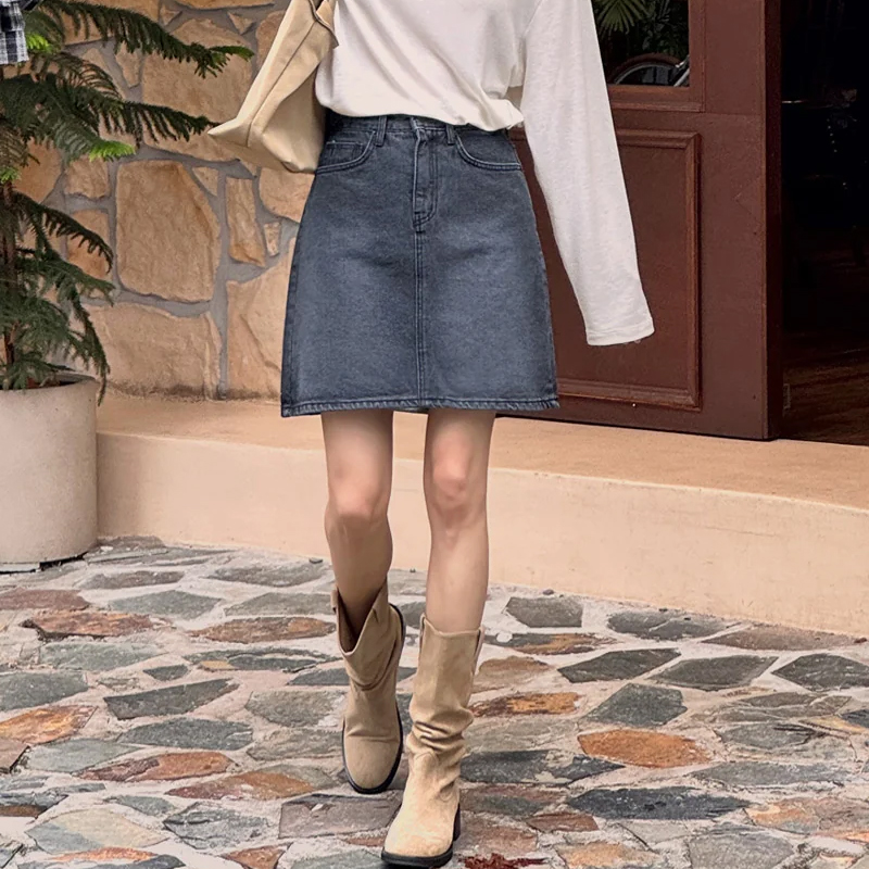 韩国代购大码女装2025靓丽冬装新款系扣显瘦插兜宽松牛仔半身裙特