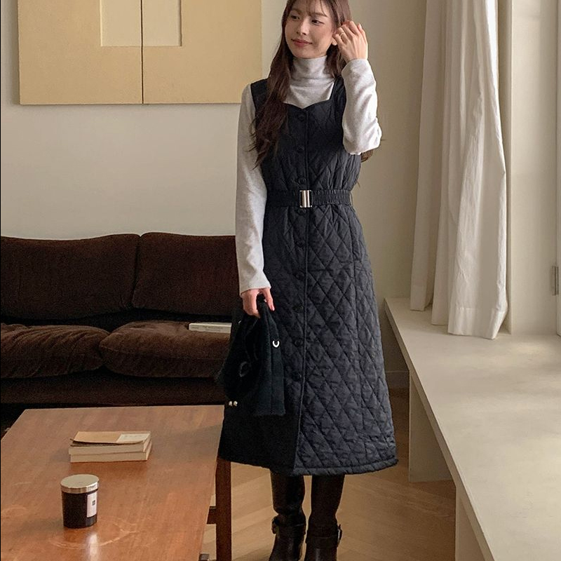 韩国代购大码女装2025靓丽冬装新款细带V领加棉腰带保暖连衣裙特5