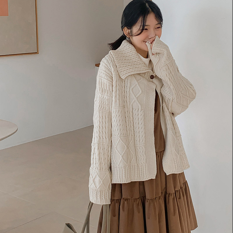韩国代购大码女装2026靓丽冬装新款翻领系扣宽松时尚麻花针织外套