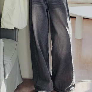 韩国代购大码女装2026靓丽冬装新款系扣显瘦插兜拼接宽腿牛仔裤特