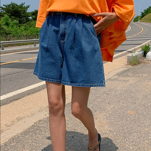 2025靚麗夏裝 新款 大碼 系扣后松緊顯瘦插兜牛仔短褲 特 女裝 韓國代購