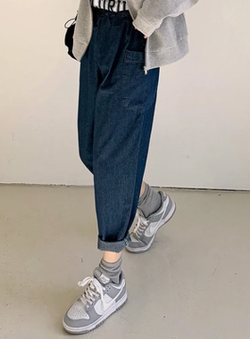 韩国代购大码女装2026靓丽早春装新款松紧腰显瘦插兜小直筒9分裤