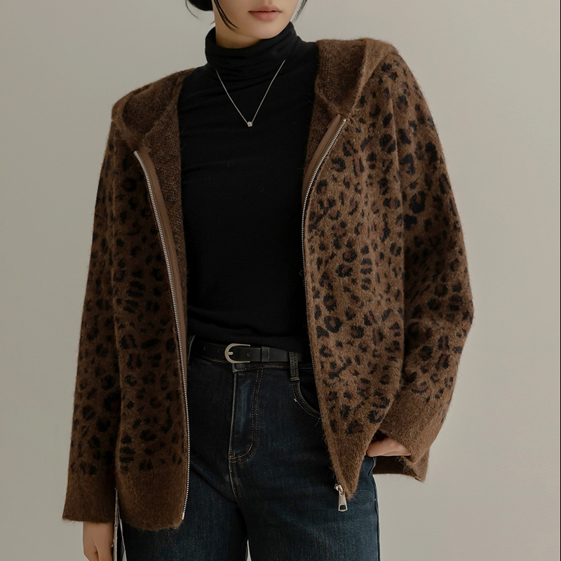 韩国代购大码女装2025靓丽夏装新款连帽拉链宽松豹纹针织外套特17