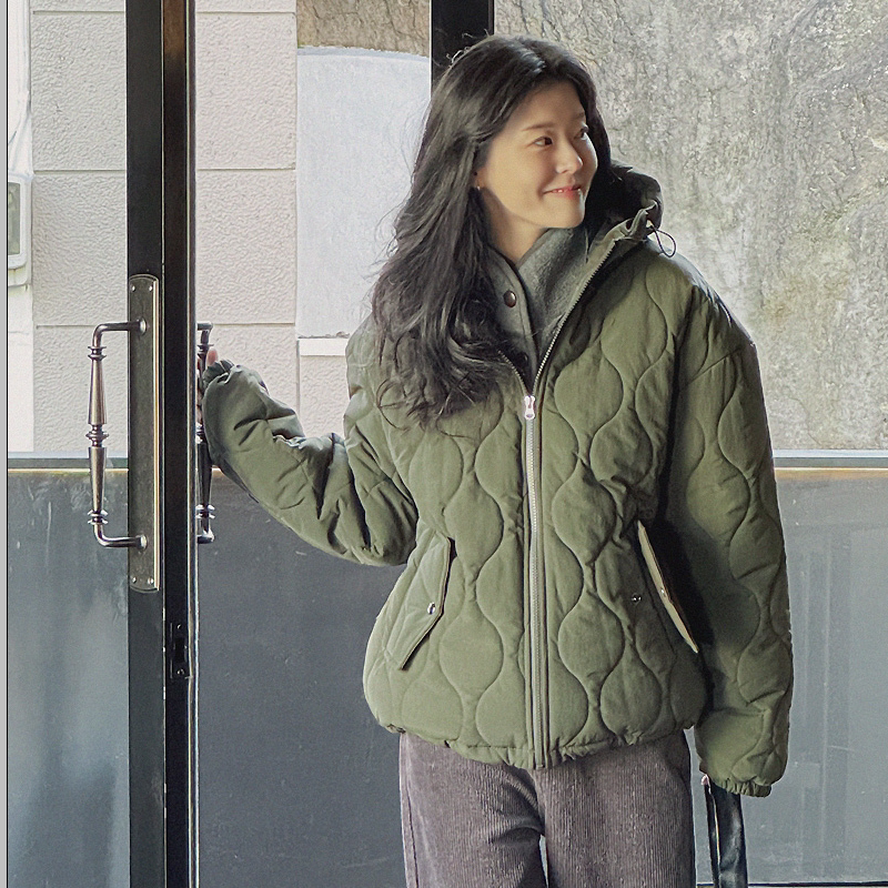 韩国代购大码女装2026靓丽冬装新款连帽拉链宽松菱形格子保暖棉衣