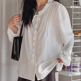 韩国代购大码女装2026靓丽冬装新款木耳边系带时尚条纹气质衬衫特