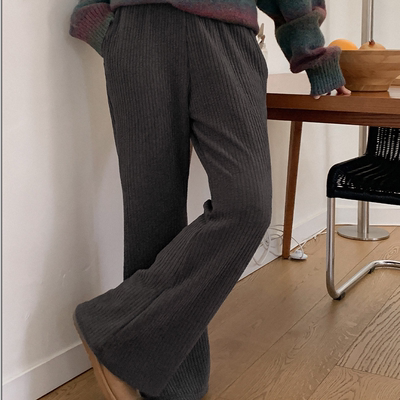 韩国代购大码女装2025靓丽冬装新款松紧腰显瘦弹力条纹微喇长裤特