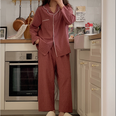 韩国代购大码女装2025靓丽秋装新款翻领格子衬衫长袖时尚家居套装