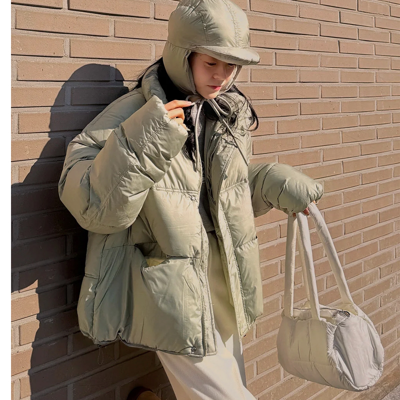 韩国代购大码女装2025靓丽冬装新款立领拉链时尚保暖棉衣帽子手套