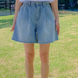 大码 2025靓丽夏装 韩国代购 女装 新款 系扣松紧显瘦宽腿浅色牛仔短裤