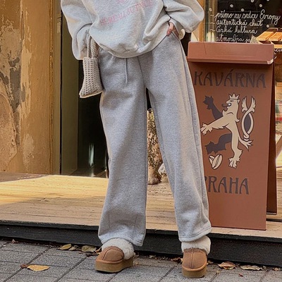 韩国代购大码女装2025靓丽冬装新款松紧腰系带纯棉加绒拼接休闲裤