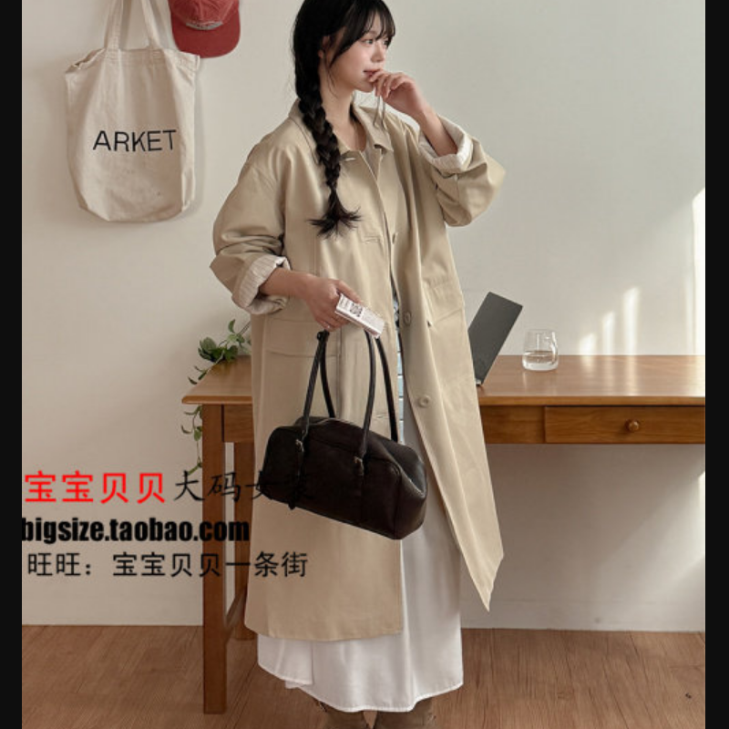 韩国大码代购女装2025靓丽冬装新款翻领系扣宽松口袋风衣外套特87