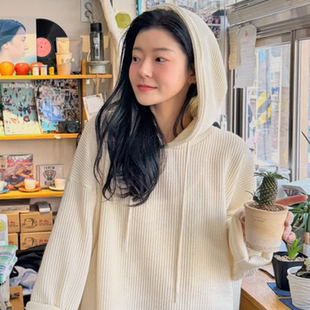 韩国代购大码女装2026靓丽冬装新款连帽宽松时尚套头条纹长袖T恤