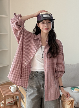 韩国代购大码女装2026靓丽夏装新款翻领系扣宽松休闲格子衬衫特87