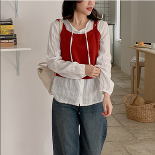 韩国代购大码女装2026靓丽冬装新款圆领系带时尚配色假两件衬衫特