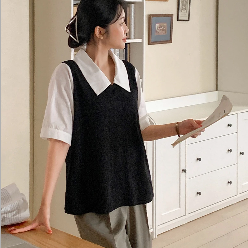 韩国代购大码女装2026靓丽早春装新款翻领显瘦麻花辫假两件衬衫特