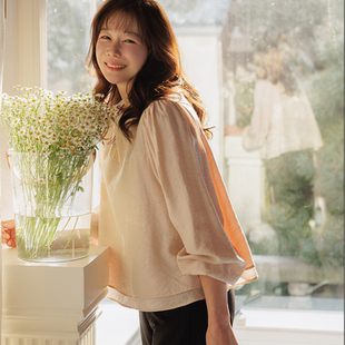 韩国代购大码女装2026靓丽冬装新款圆领后系扣时尚淑女灯笼袖衬衫