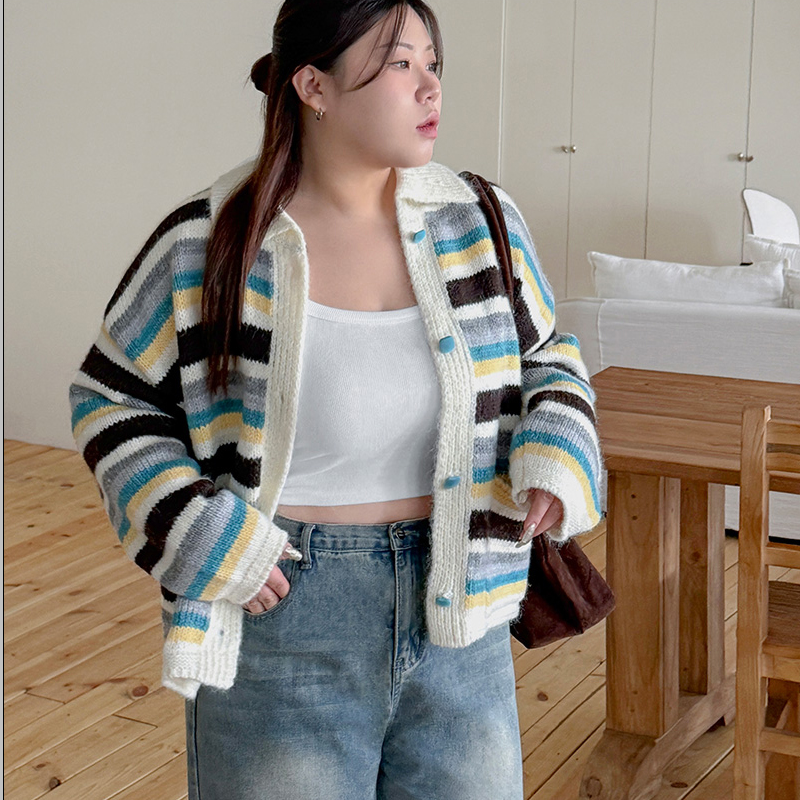 韩国代购大码女装2026靓丽冬装新款翻领系扣宽松条纹开衫外套特9,女装/女士精品,毛衣,淘宝优惠券,粉丝福利购,淘宝优惠卷