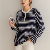 木耳边配色半开襟条纹长袖 韩国代购 T恤 2026靓丽冬装 新款 大码 女装