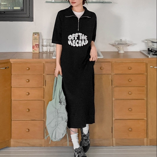 新款 韩国代购 2026靓丽早春装 女装 翻领拉链宽松字母休闲连衣裙 大码