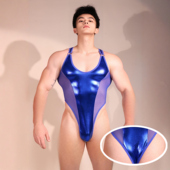 男士 性感透视网纱拼接塑身连体衣高弹紧身夜店酒吧表演服欧美男生