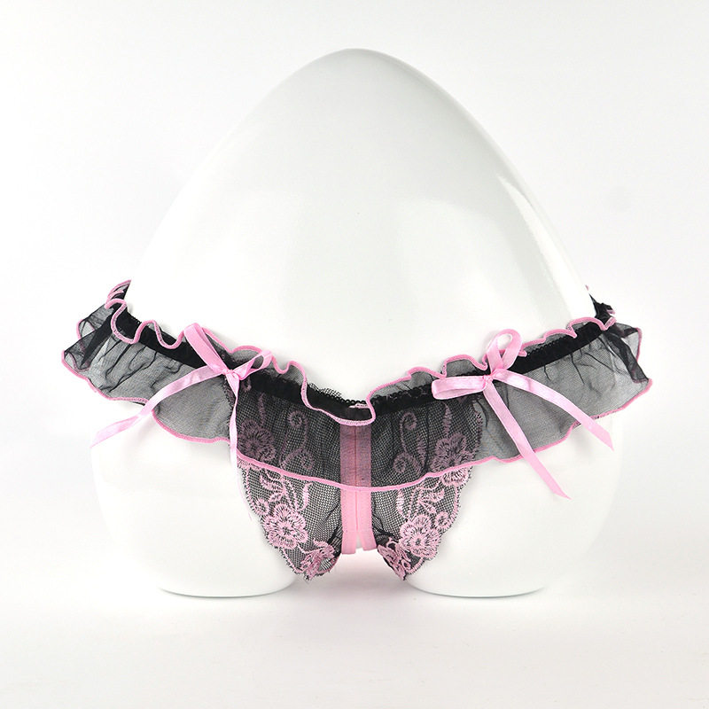 蕾丝蝴蝶结超薄透明网纱低腰男式内裤性感开档男士丁字裤火辣镂空