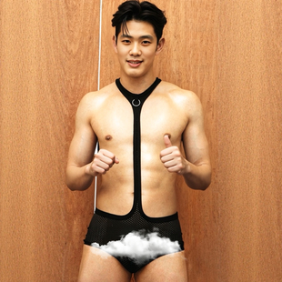 连体内衣男士网孔内裤性感诱惑黑色青年潮运动连体衣夏季透气镂空