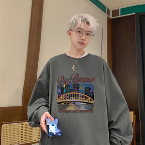 已注册港风纯棉260克高街机能抖音直播长袖T恤打底衫T4217P35控49图片