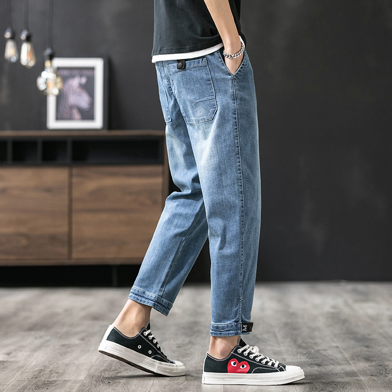 20 year new Japanese grey wall large fashionable men's elastic Harun 9-point jeans