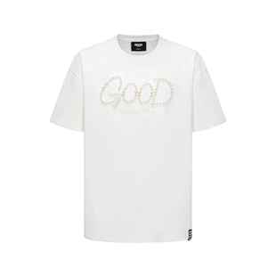 GOODBRAND 2025纯色珍珠短袖刺绣logo标语钉珠t恤时尚男女情侣装