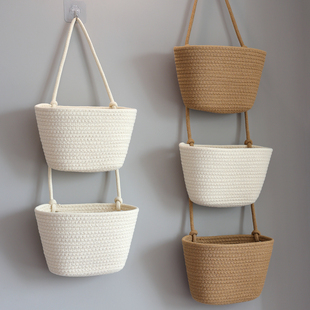 棉绳编织收纳挂袋壁挂式多层收纳篮家居装饰门后书桌侧边绳编挂篮