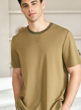 郁Y53702凡诗男士春夏圆领半袖长纹家居服套装莫代尔棉长裤睡衣