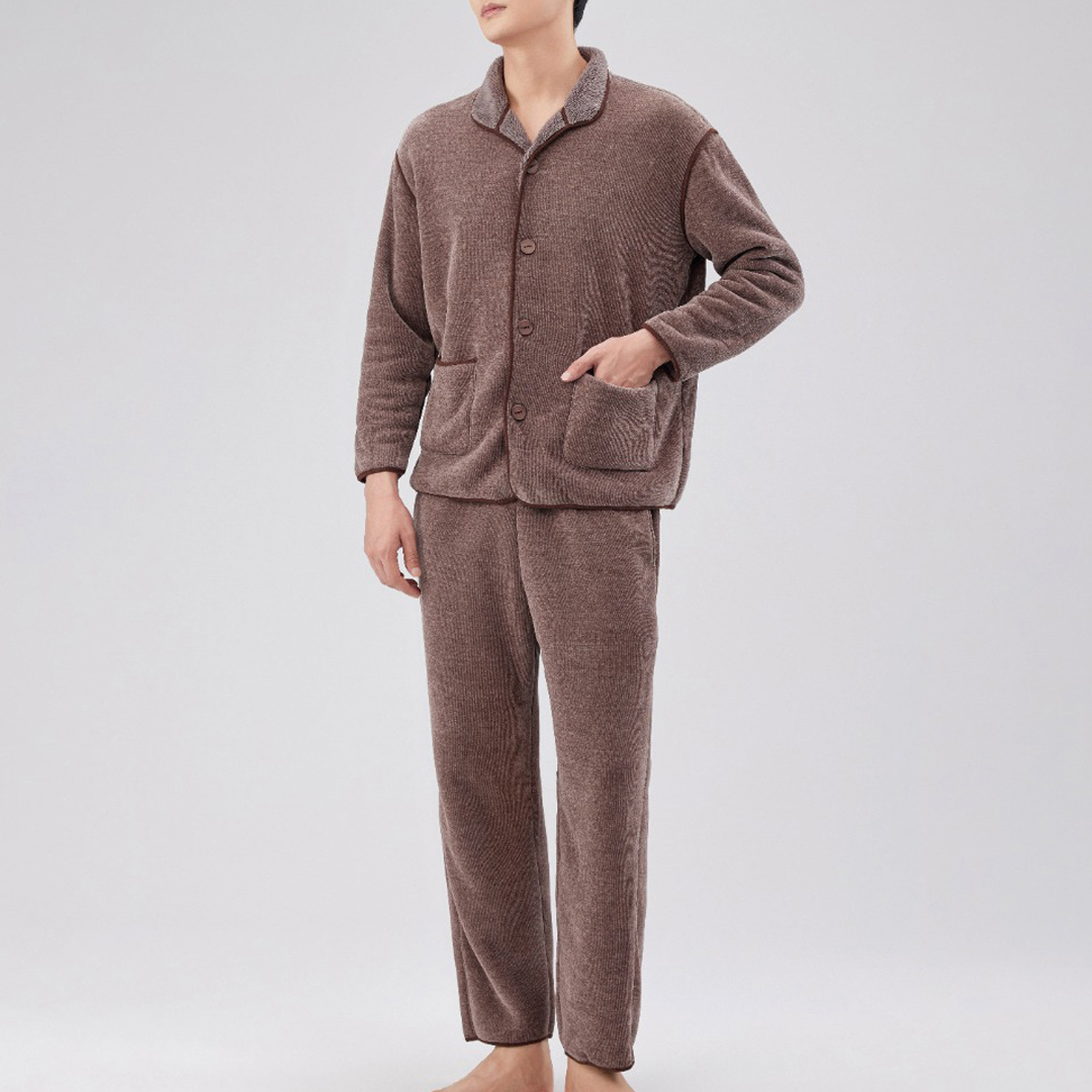 凯迪娅正品男士秋冬雪肤绒加厚翻领开衫家居服套装休闲睡衣72419