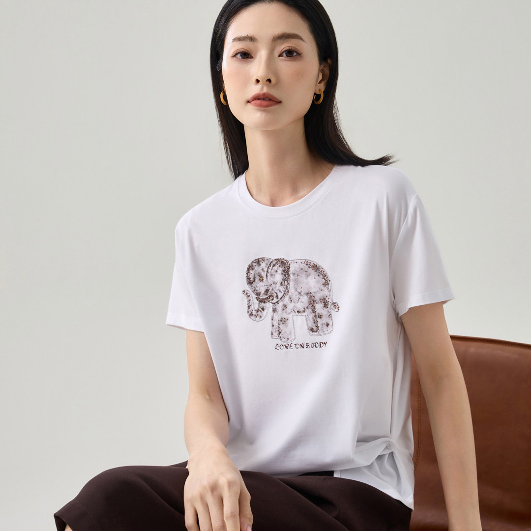 绝配新款女士夏季圆领短袖短款纯棉半袖小象2628休闲气质印花T恤