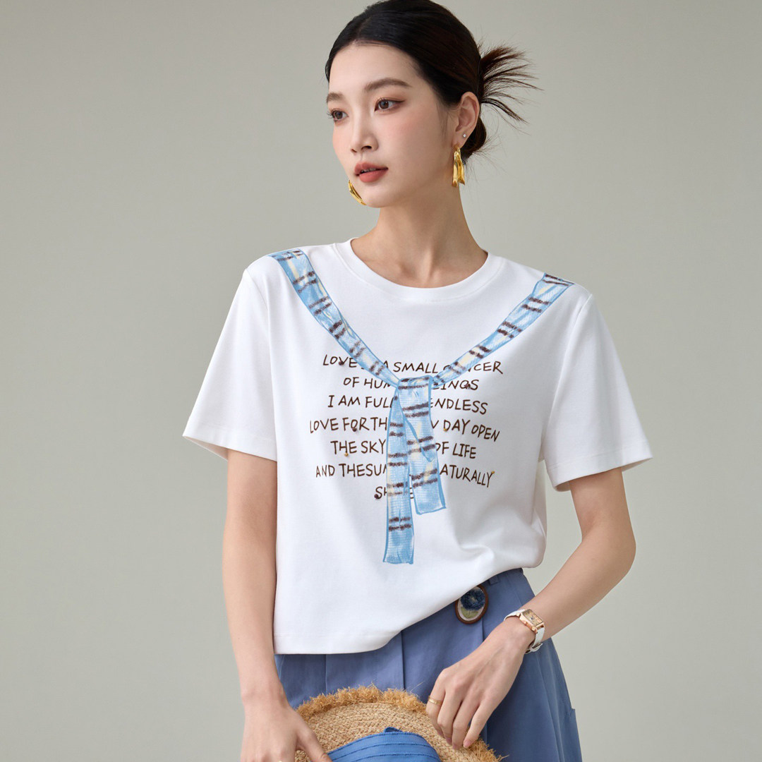 绝配新款女士夏季圆领短袖短款纯棉半袖字母6611休闲气质印花T恤