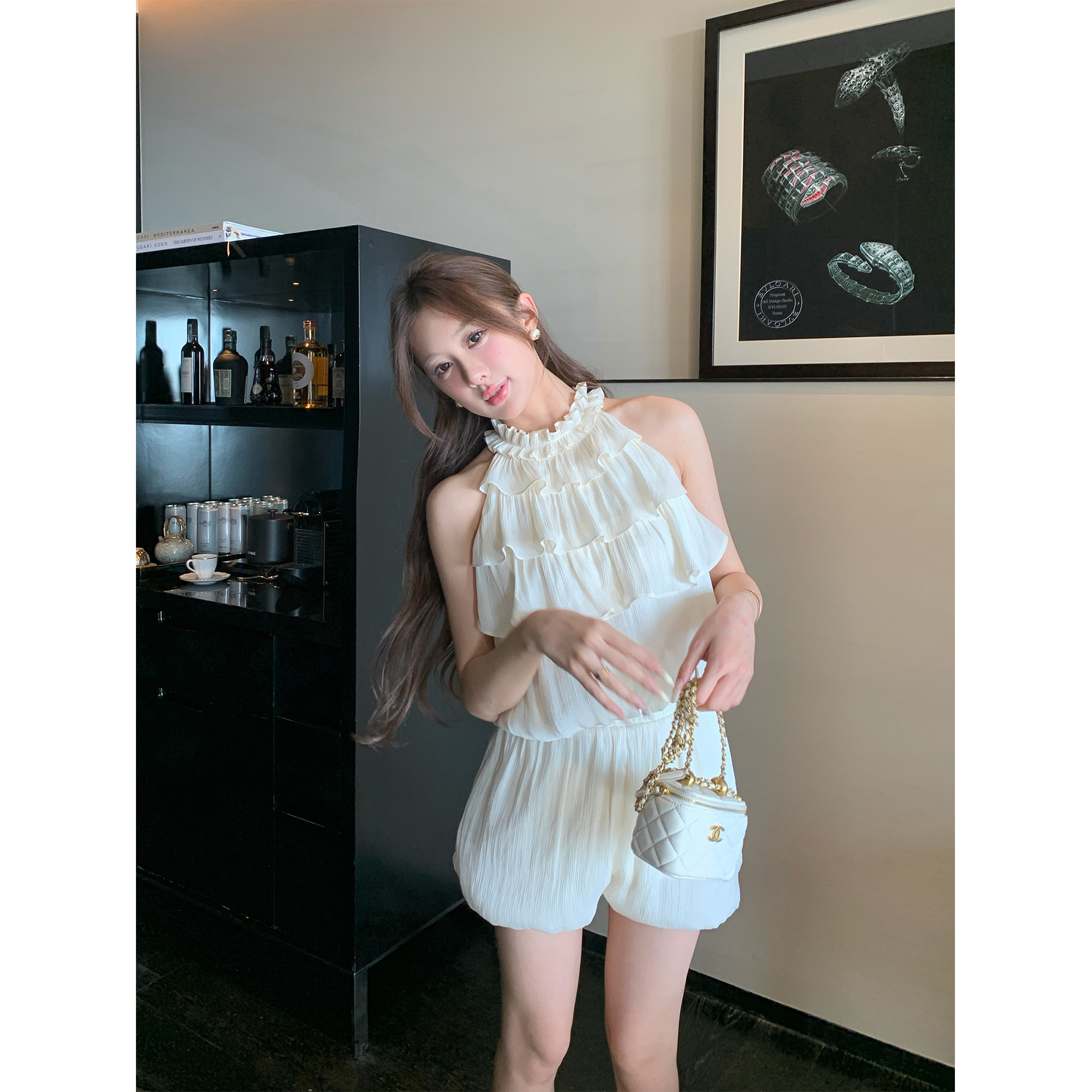 夏天家 甜美荷叶边挂脖无袖衬衫上衣+可爱花苞短裤公主生日套装女