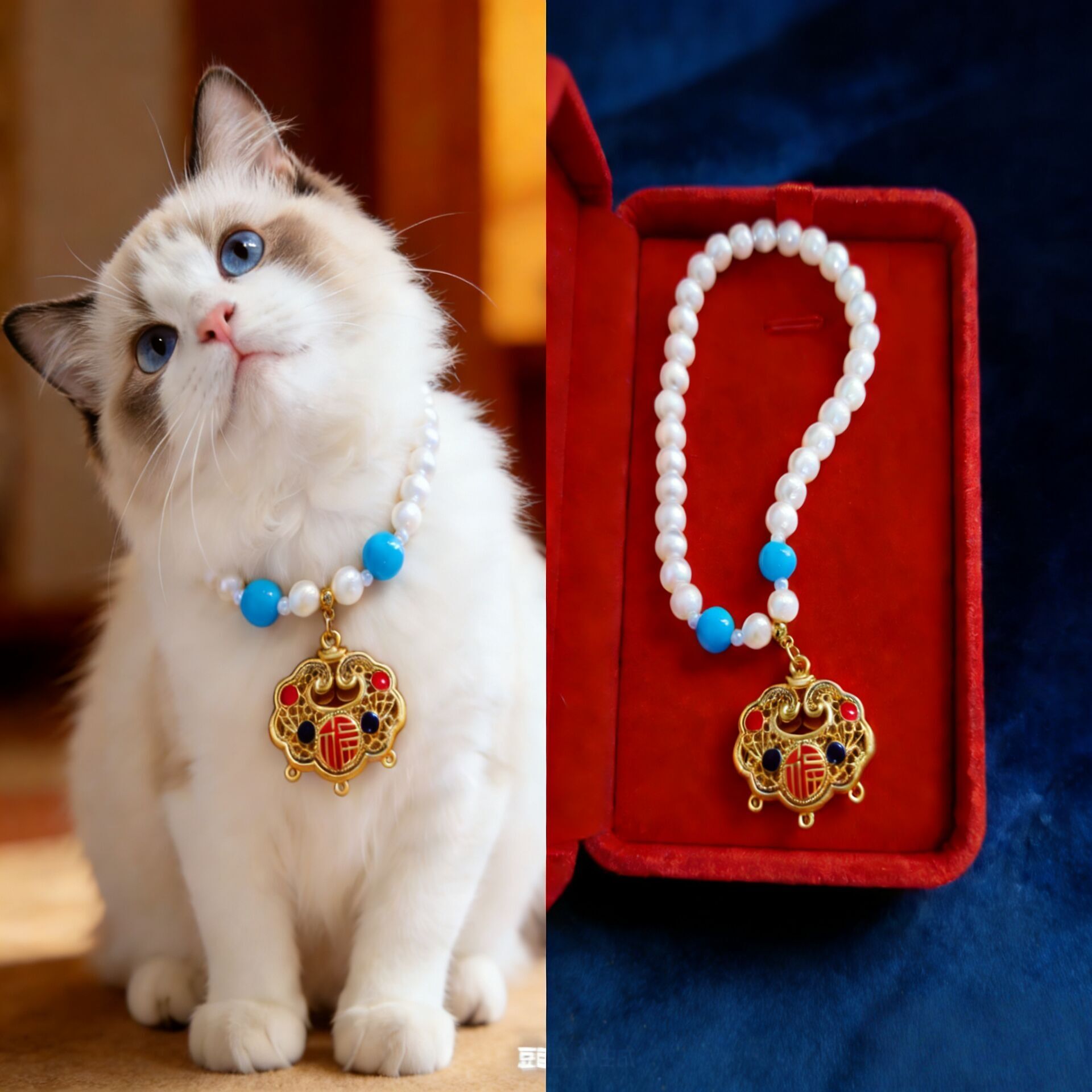 猫咪狗狗珍珠长命锁项链