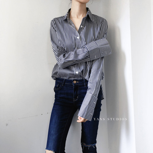 yans  法式 男友风显瘦 通勤小宽松竖条纹百搭长袖衬衫女