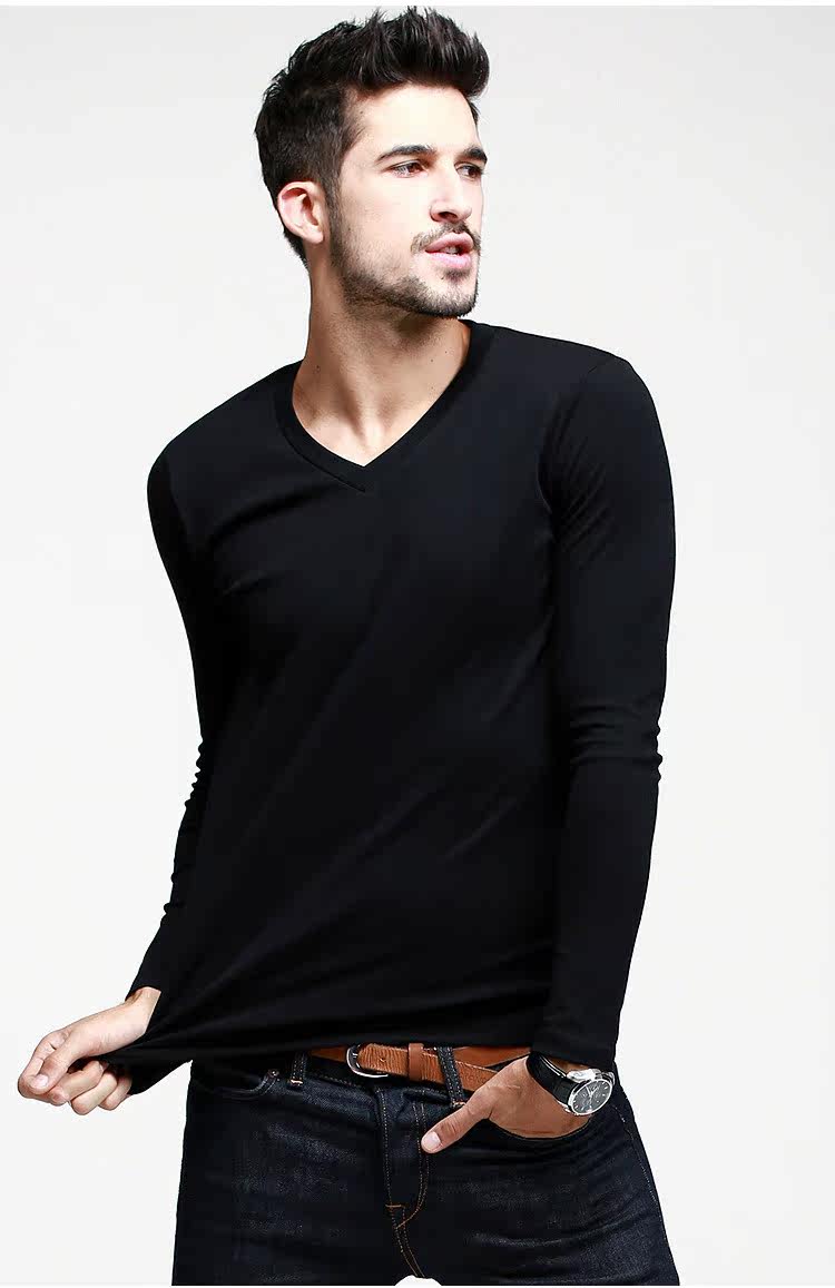 秋季男士长袖t恤薄款修身内衣弹力纯棉V领白色体恤打底衫男鸡心领