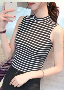 纯棉半高领黑白条纹背心夏短款漏露脐无袖T恤女紧身打底砍肩上衣