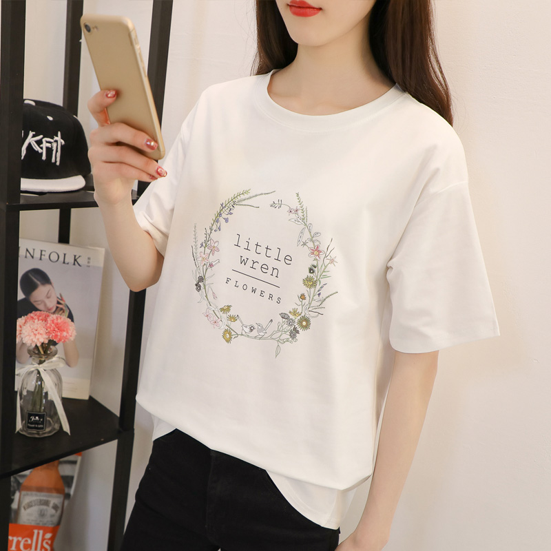 新款休闲夏季短袖t恤女装修身宽松粉色简约体恤圆领上衣打底衫潮