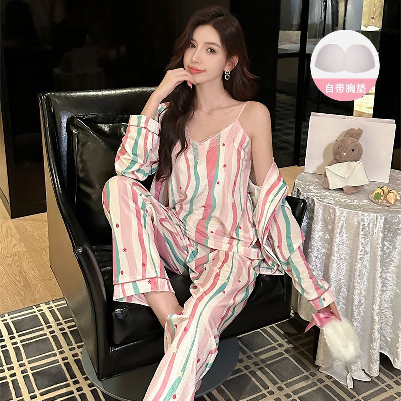 金丝绒睡衣女秋冬季带胸垫三件套长袖性感金钻绒家居服套装