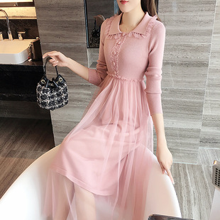 针织连衣裙女秋冬显瘦2026新款过膝中长款仙女拼接网纱打底毛衣裙