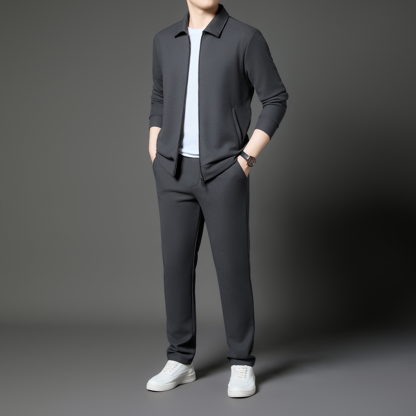 秋冬新款休闲运动服套装中青年男士含羊毛翻领夹克搭配长裤两件套