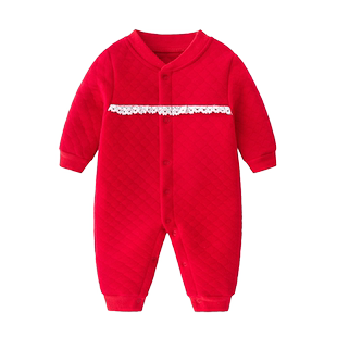 初生宝宝连体衣服女百天满月婴儿保暖衣红色春秋冬喜庆周岁厚睡衣